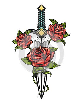 Dagger Knife and Rose Flowers Drawn in Tattoo Style photo