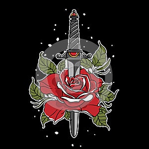 Dagger with rose drawing. T-shirts design in the style of a traditional tattoo. photo