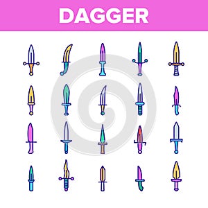 Dagger, Sharp Weapon Vector Thin Line Icons Set