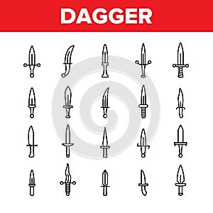 Dagger, Sharp Weapon Vector Thin Line Icons Set