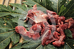 Daging Kurban, Raw Meat from Moslem Halal Slaughtering during Eid Al-Adha Al Mubarak photo