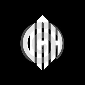 DAH circle letter logo design with circle and ellipse shape. DAH ellipse letters with typographic style. The three initials form a photo