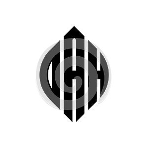 DAH circle letter logo design with circle and ellipse shape. DAH ellipse letters with typographic style. The three initials form a photo