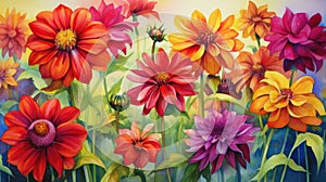 Dahlia autumn flower vibrant watercolor floral design. AI illustration