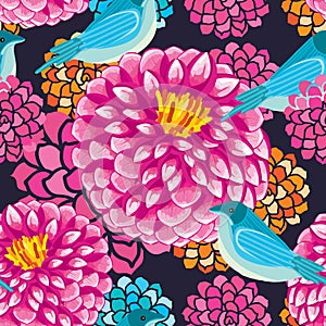 Dahlia bird seamless pattern