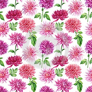 Dahlia flowers, branches of roses and leaves. Watercolor floral Seamless patterns