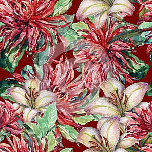 Dahlia and lily flowers painting in watercolor. Seamless pattern for decor.