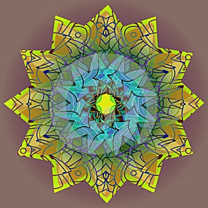 DAHLIA MANDALA FLOWER. PLAIN OLIVE BACKGROUND. COLORFUL DESIGN. CENTRAL FLOWER IN YELLOW, GREEN, BLUE, VIOLET, BROWN