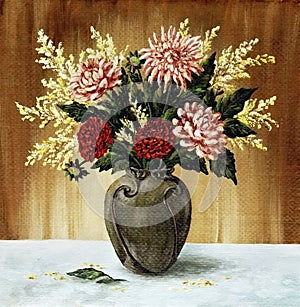 Dahlias in a ceramic vase photo
