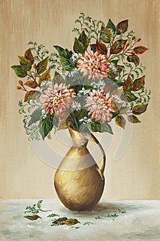 Dahlias in a clay jug