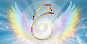 Dai Ko Myo Symbol, Dumo Symbol, Spiritual guidance, Angel of light and love doing a miracle on sky, rainbow angelic wings