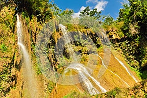 Dai Yem Pink Blouse waterfall cascades down the steep mountain slopes in Son La, Vietnam