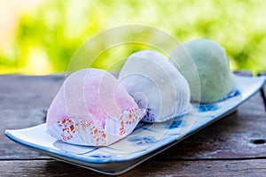 Daifuku strawberry on the dish.It`s Japanese desserts