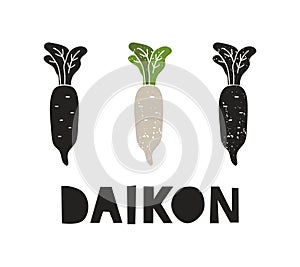 Daikon, silhouette icons set with lettering. Imitation of stamp, print with scuffs. Simple black shape and color vector