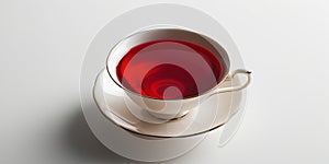 A dainty teacup with luminous crimson liquid, set against a pristine white background, highlighting its delicate curves photo