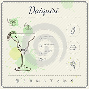 Daiquiri. Cocktail infographic set. Vector illustration. Colorful watercolor background
