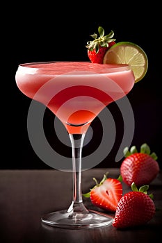 The Daiquiri in glass on a table, Spanish cocktail with strawberry and lime. Dark background. Refreshing alcoholic drink close-up