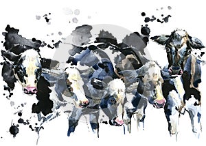 Dairy cow on the field watercolor illustration.