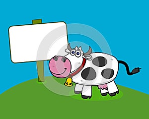 A dairy cow in her field with fresh grass and blue sky and a billboard - vector