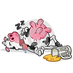 Dairy cow passed out drunk from drinking way too much beer from a big glass mug vector cartoon clip art mascot