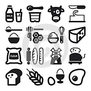 Dairy Egg Bread Sugar flat icons. Black