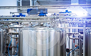 Dairy factory with milk pasteurization tank and pipes