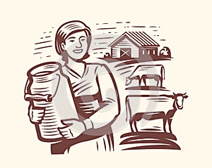 Young milkmaid or farmer standing with milk can, near grazing cows and cowshed. Dairy farm emblem. Vector illustration photo