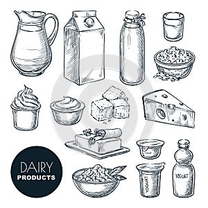 Dairy farm fresh products set. Vector hand drawn sketch illustration. Milk bottle, cottage cheese, yogurt, butter icons
