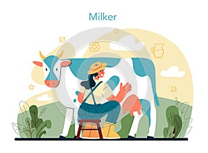 Dairy farm. Milkmaid milking a cow. Milk, cheese, butter making