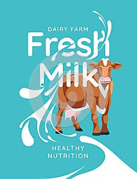 Dairy farm poster with a cow and milk splashes on a large text background.