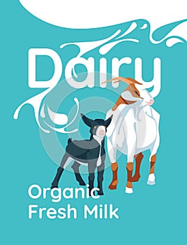 Dairy farm poster, goat, lamb and splash of milk on large text background.