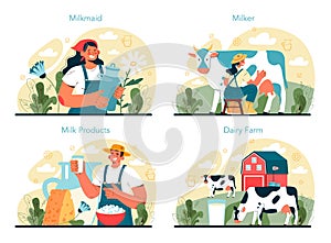 Dairy farm set. Milkmaid milking a cow. Milk, cheese, butter making