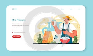 Dairy farm web banner or landing page. Milkmaid milking a cow.