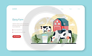 Dairy farm web banner or landing page. Milkmaid milking a cow.