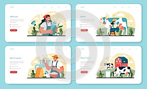 Dairy farm web banner or landing page set. Milkmaid milking a cow.