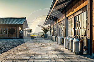 Dairy farm yard in the early evening, tin cans for milk