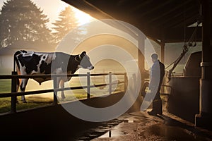 Dairy farmer milking cows in the tranquil surroundings of a rural barn. Generative AI