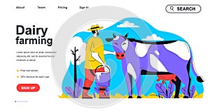 Dairy farming concept for landing page template. Farmer caring for cow and holds bucket of milk. Livestock, animal husbandry