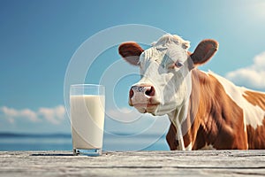 Dairy farming cow and milk against a vibrant blue sky