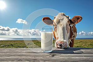 Dairy farming cow and milk against a vibrant blue sky