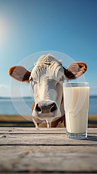 Dairy farming cow and milk against a vibrant blue sky