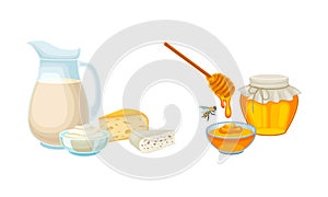 Dairy Foodstuff with Milk and Cheese and Honey in Bowl with Dipper Vector Set