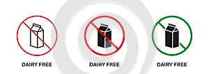 Dairy Free Silhouette and Line Icon Set. Dairy Stop Sign, Only Healthy Food. Cow Milk Lactose Forbidden Symbol. Free