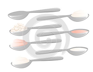 Dairy milk produce on tea spoon milk yogurt cheese cream flat vector illustration isolated on white background