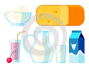 Dairy milk products organic drink bottle healthy yogurt cream nutrition farm calcium breakfast vector illustration.