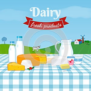 Dairy milk products set ,rural farm landscape.