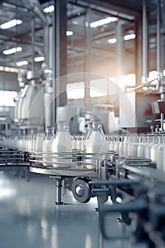 Dairy plant production line. Glass bottles with a dairy product on a production line.