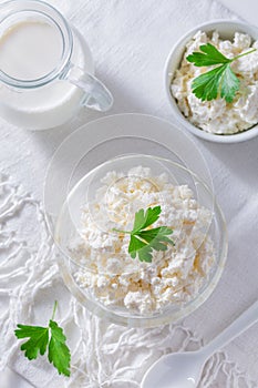 Dairy product - curd or cottage cheese, quark in bowl and milk