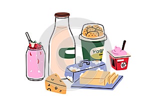 Dairy product, milk produce composition. Yogurt, butter, cheese, sweet strawberry milkshake. Milky goods, food and drink