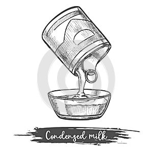 Dairy product sketch condensed milk pouring, bowl